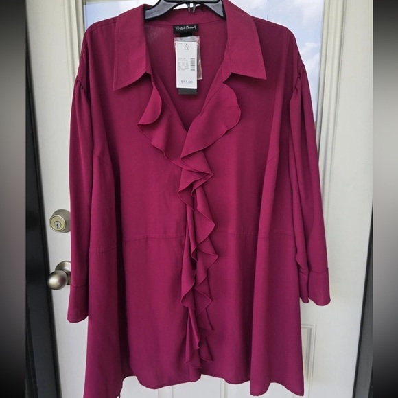 New Maggie Barnes Blouse Sz 5X Red Plus Ruffle Front Long Sleeve - Picture 2 of 13